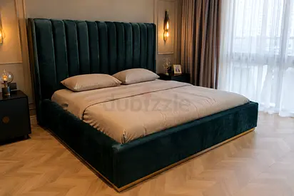 King Velvet Upholstered Bed Frame with Tall Channel Tufted Headboard - Dark Green