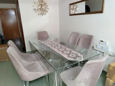Glass Dining Table with 6 Upholstered Velvet Chairs - Light Pink