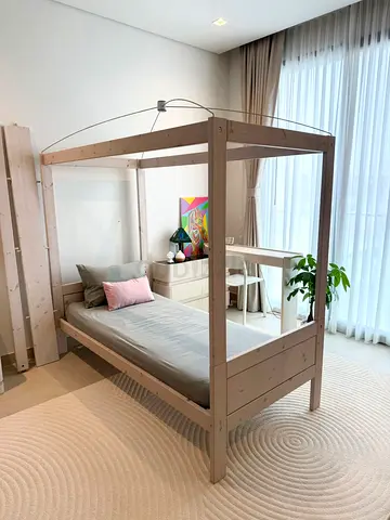 Lifetime Kidsroom Furniture - Wooden Canopy Single Bed Frame — Light Oak Finish, Good Condition.