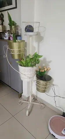 Set of decorative metal plant stands with pots (white  gold) - good condition. Only stand