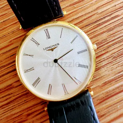 Classic Longines Gold-Plated Mens Dress Watch with Black Leather Strap