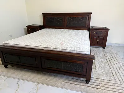 Solid Wood King Bed Frame with Two Matching Nightstands and Mattress