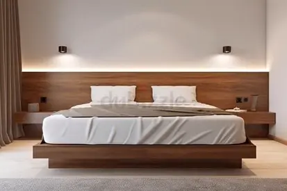 Modern wooden platform bed with integrated headboard and side tables