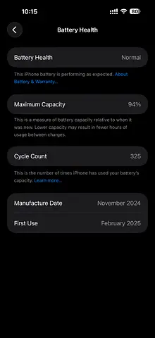 iPhone with 94% Battery Health (Cycle Count 325) — Ready to Use