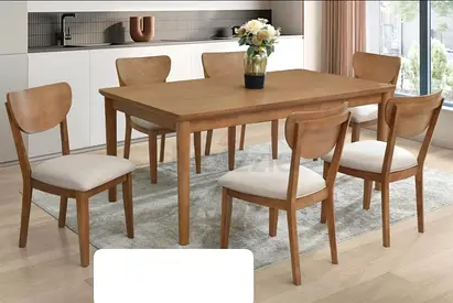 Solid Wood 6-Seater Dining Table with 6 Upholstered Chairs - Light Oak Finish