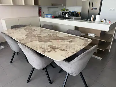 Marble-Top Dining Table with 6 Upholstered Chairs - Modern Set
