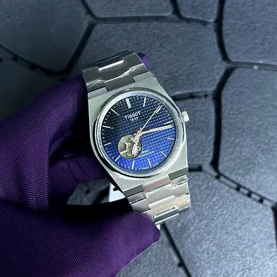 Tissot Stainless Steel Automatic Watch with Blue Open-Heart Dial