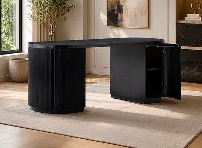 CB2 REID OVAL BLACK WOOD STORAGE DESK
