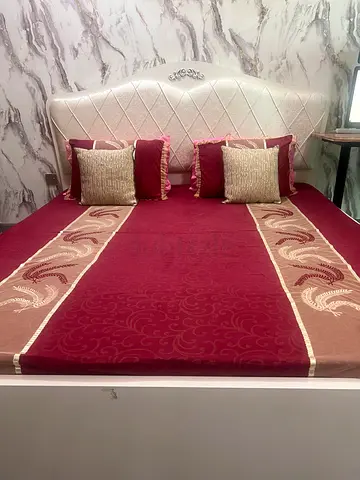 Queen bed frame with mattress and headboard - good condition and side table