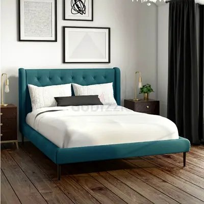 Wingback button tufted headboard king size velvet platform bed