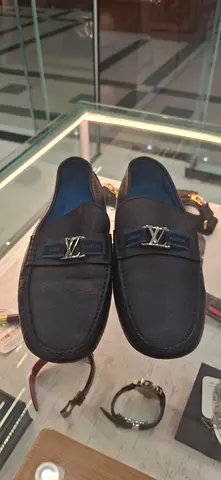Mens Black Leather Slip-On Loafers with Metal Detail - Size Unknown