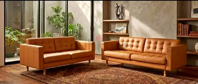 Mid-century Tan Leather 3-seater and 2-seater Sofa Set