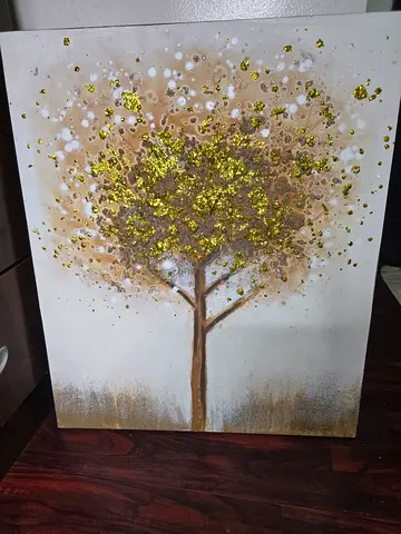 Handmade Textured Tree Canvas Painting with Gold Leaf Accents