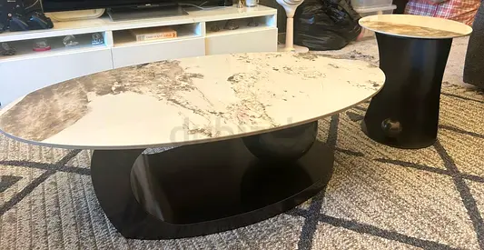 Modern Oval Marble-Top Coffee Table with Matching Side Table
