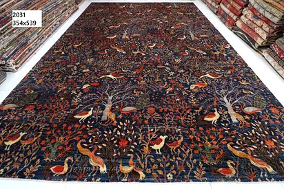 3.5 x 5.4 m Handmade Majlis Dark Blue Afghan wool  Rug with Bird  Tree Motif -