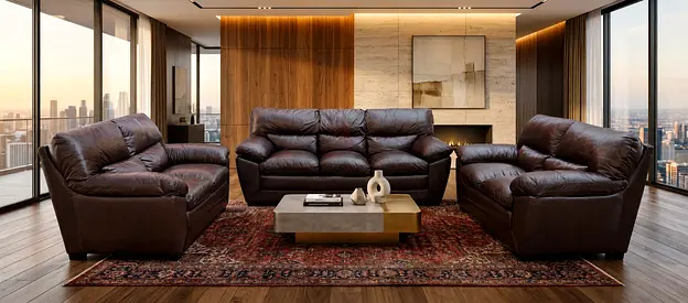 Genuine leather 3-piece sofa set - dark brown, good condition