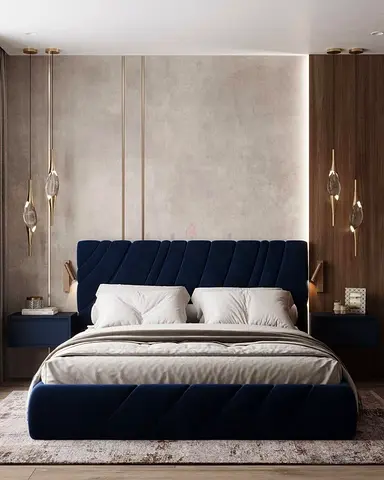 Modern Navy Velvet Bed Frame with Upholstered Headboard