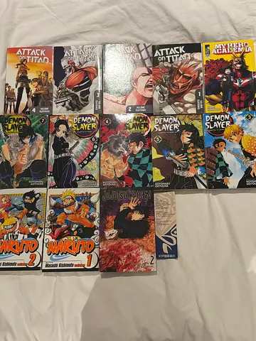 Anime comic books. Demon slayer, attack on titan , Hero academia, Naruto, jujutsu kaisen.