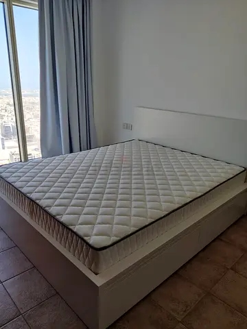 Queen size bed frame with storage and mattress — white, very good condition