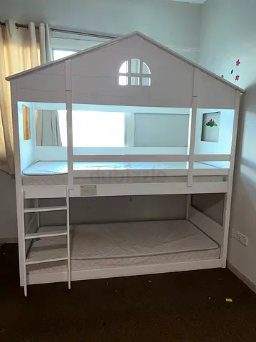 White Wooden Bunk Bed with Playhouse Design - Twin Size