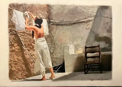 Art, handmade painting realism Backyard secrets 21x 29cm