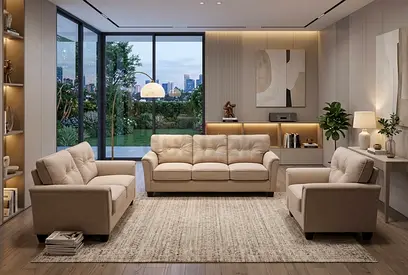 Beige 3-Seater Sofa with Matching Armchairs and Coffee Table Setup