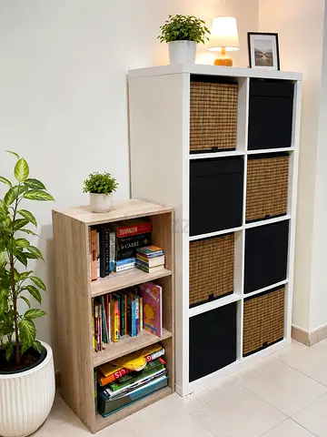 IKEA-style 8-cube storage unit with 3-shelf bookcase - white  oak finish
