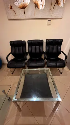 Set of 3 Black Leather Visitor Chairs with Glass Coffee Table