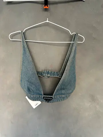 Prada Denim triangle crop top with Prada logo detail