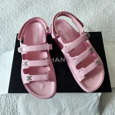 Chanel Pink Sandals with Crystal Logos Size 37C Brand New
