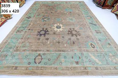3x4m Afghan wool ouskak Area Rug - Neutral Beige  Turquoise, 306 x 420 cm