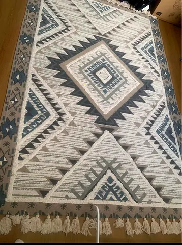 Light Grey  Blue Geometric Tassel Rug — Good Used Condition