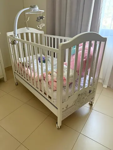White Wooden Baby Crib with Mobile - Very Good Condition