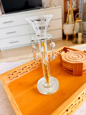 Glass Candle Holder with Gold Accent — Clear Crystal Decorative Piece in excellent condition
