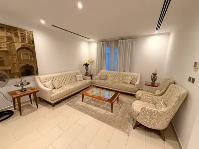 Cream Upholstered Living Room Sofa Set with Coffee Table and Armchairs