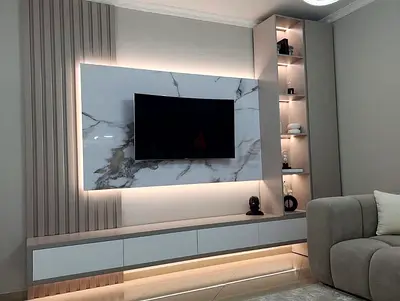 Modern Floating TV Entertainment Unit with Marble Back Panel and LED Lighting