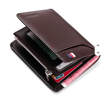 Brown Leather Bi-fold Wallet with Zipper Coin Pocket - New