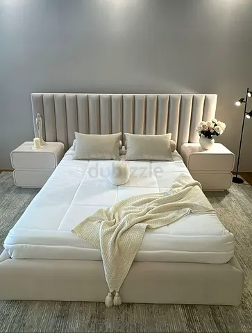 Modern upholstered king bed with matching nightstands - beige