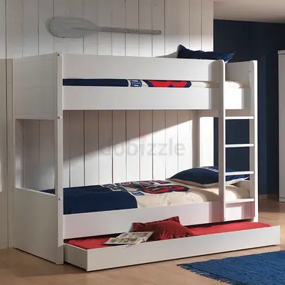 White Wooden Bunk Bed with Trundle - Solid Kids/Guest Bed