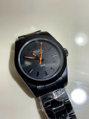 Black Rolex-style MAD Custom Mens Watch — Matte Black with Orange Hands