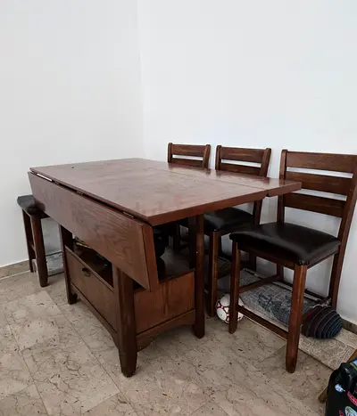 Solid wood dining table with 4 chairs - compact foldable design
