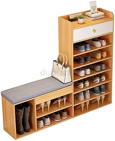 Wooden Shoe Storage Bench with Drawer and Cushion