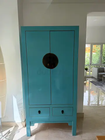 Chinese Blue Wooden Wardrobe/Armoire with Brass Circular Handle - Good Condition
