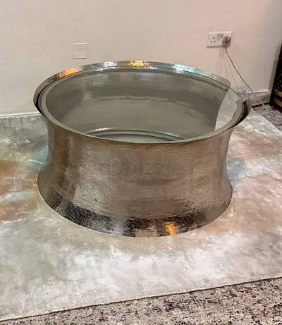 Modern Hammered Silver Metal Coffee Table with Glass Top