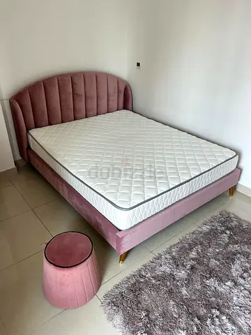Pink Velvet Double Bed with Mattress and Ottoman - Excellent Condition