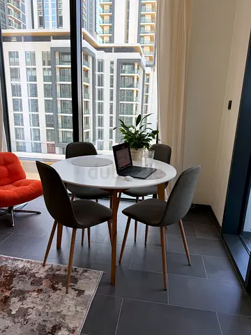 Round White Dining Table with 4 Grey Chairs - Modern Set