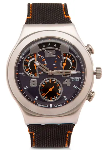 Swatch Mens Chronograph Watch with Black Dial and Orange Accents