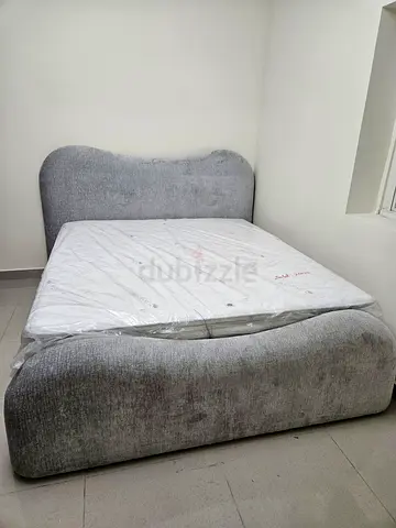 Grey fabric double bed frame with new mattress (King Size) - brand new | Not used | Urgent Sale