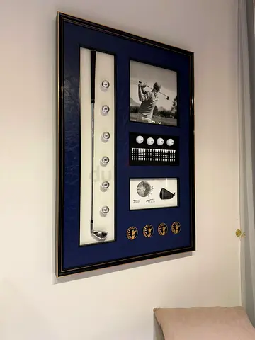 Framed Golf Memorabilia Display with Club Head, Balls and Photos