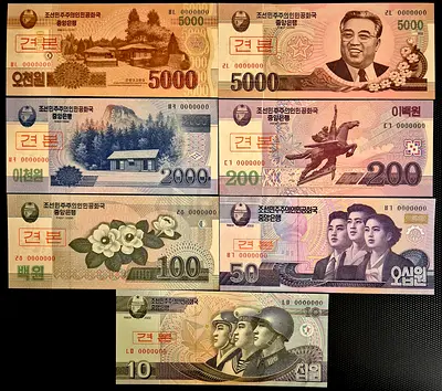 NORTH KOREA SPECIMEN BANKNOTE SET 2002-2008